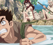 senku and the others escaping on the river